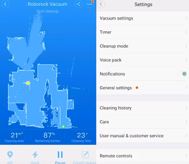 Управление Roborock Sweep One через приложение Меню приложения Mi Home для робота-пылесоса Roborock Sweep One
